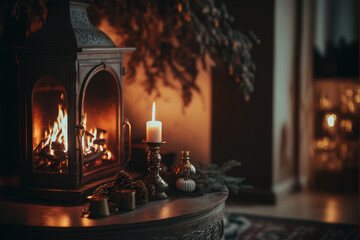 Fireplace with christmas decorations and candles in a rustic and cozy living room. AI-generated