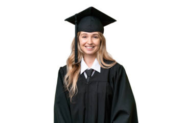 Young university English graduate woman over isolated background laughing