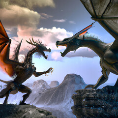 Dragons Fighting Watercolor Fantasy world digital art