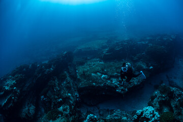 Plakat scuba diver over Cabo Pulmo reef in Baja California Mexico