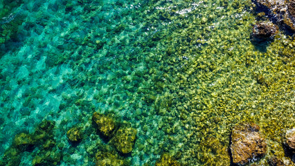 Aerial drone photo of Croatian sea with turquoise rocky seascape