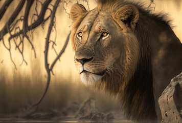 Lion (Panthera leo) in Botswana's Ongava Delta. Generative AI