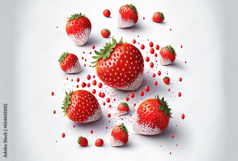 Poster Strawberry fruits floating on a white backdrop with a strawberry in pieces element in the center. real world in. Generative AI