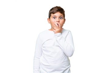 Little caucasian kid over isolated chroma key background surprised and shocked while looking right