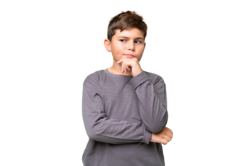 Little caucasian kid over isolated chroma key background having doubts and thinking