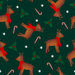 Seamless Repeat Hand Drawn Look Digital Christmas Xmas Traditional Holiday Pattern Reindeer Deer