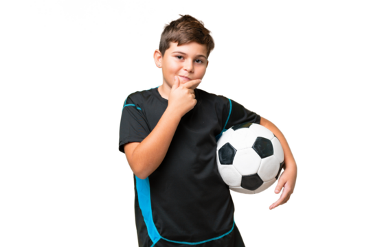 Little caucasian football player kid over isolated chroma key background thinking