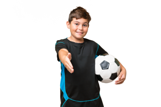 Little caucasian football player kid over isolated chroma key background shaking hands for closing a good deal