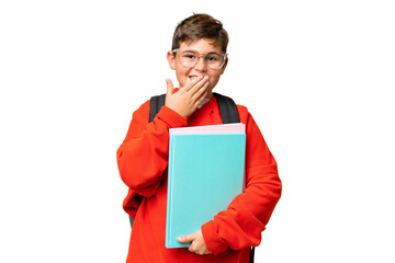 Little caucasian student kid over isolated chroma key background happy and smiling covering mouth...