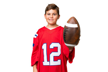 Little caucasian kid playing rugby over isolated chroma key background with happy expression