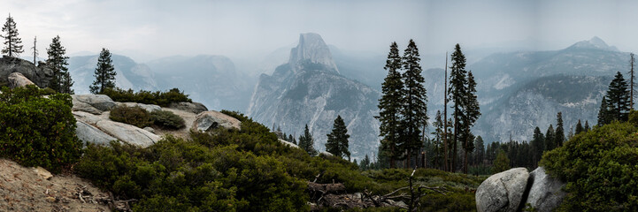Panorama of Glacier Point View With Forest Fire Smoke Filling The Valley