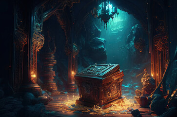 Obraz premium fantasy scene, the treasure at the end of a dungeon. game design inspiration. sketch art for artist creativity and inspiration. generative AI