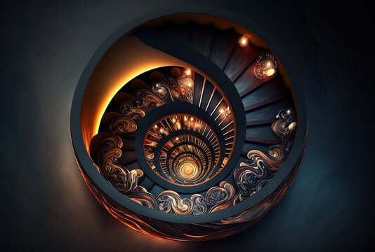 view from above of a contemporary spiral staircase in an illuminated display. Generative AI