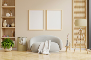 Two poster frame mockup in scandinavian style living room interior.