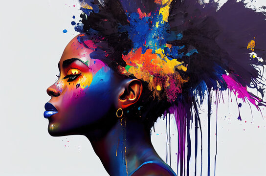 Stylized portrait of a beautiful black girl, with paint splashes. colorful paints smudges, spatter. sketch art for artist creativity and inspiration. generative AI