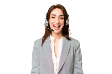 Telemarketer caucasian woman working with a headset over isolated chroma key background with surprise facial expression
