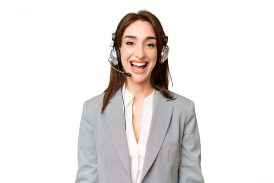 Telemarketer caucasian woman working with a headset over isolated chroma key background with surprise facial expression