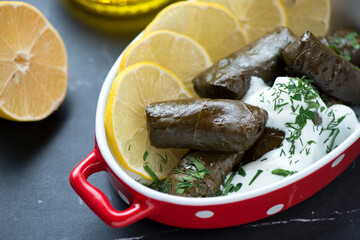 Close-up of turkish sarma or stuffed vine leaves served with lemon and white yogurt, selective focus