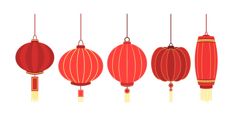 Fototapeta na wymiar Set of red Chinese lanterns lamp. traditional chinatown decoration