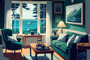 Background of a cozy home, a living room decorated in a coastal manner. Generative AI
