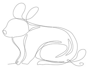 An illustration, one line art. Continuous one line drawing. A rabbit with a bow.