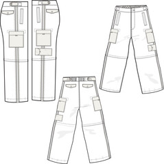 MEN AND BOYS BOTTOM WEAR CARGO PANT FRONT BACK AND BOTH SIDES VIEW FLAT DESIGN VECTOR