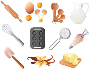 Fototapeta na wymiar Set of baking tools. Kitchenware, cooking, baking utensil. Desserts, pastry dishes, ingredients for baking items. Whisk, spatulas, steiner, vanilla, pastry bag, pastry bags. Vector illustration