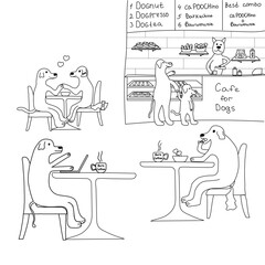 Dogs sit in a cafe at tables