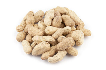 Heap of peanuts in shell isolated on white background.