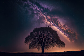 Naklejka na ściany i meble Long exposure shot of a tree silhouette against a cloudy night sky with the lovely Milky Way. Generative AI