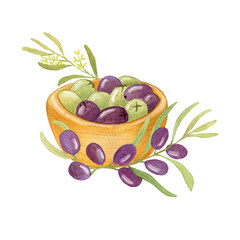 Olives. Green and Purple Olives in a Wooden Bowl and Olive Branhc. Illustration Isolated on White Background. Hand Drawing