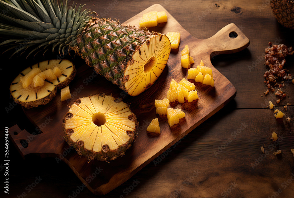 Poster pineapples, whole and chopped, flattened on a wooden table. Generative AI