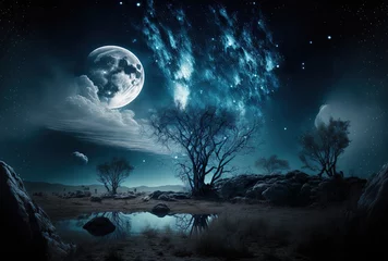 Peel and stick wall murals Full moon and trees dramatic night sky with stars in the moonlight. Generative AI