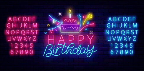 Happy Birthday neon greeting card. Cake, garland and firework. Shiny blue and pink alphabet. Vector stock illustration