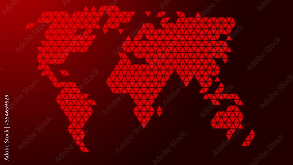 Poster world map, from abstract schematic from red triangles repeating pattern geometric, moving sideways.