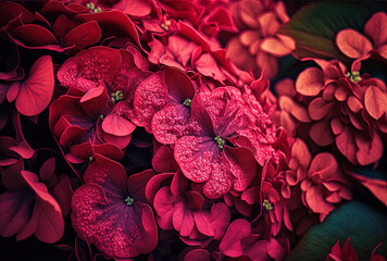 Red hydrangea macrophylla blossoms fill the entire frame. Generative AI