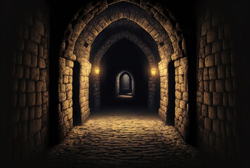 Dungeon. long, lit corridor in a medieval fortress. historic palace's interior with a stone arch. Image in format. Generative AI