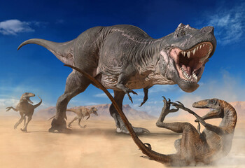 Tyrannosaurus with smaller predators from the Cretaceous era 3D illustration