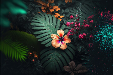 Obraz na płótnie Canvas Colorful flower on dark tropical foliage nature background. Dark and Moody feel. Autumn flowers