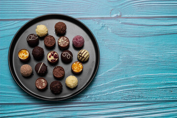 Variation of chocolate candies on a plate