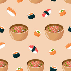 Seamless pattern with tom yum soup, nigiri and sushi rolls. Asian food. Flat style