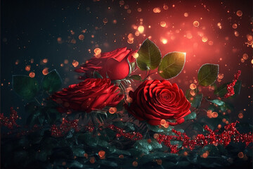Beautiful Red roses with floating light sparkle and blurred background. Valentines background. Love wallpaper