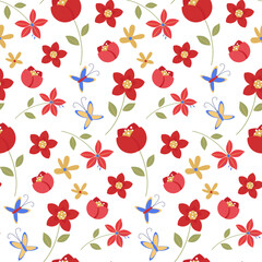 Seamless pattern of red flowers and butterfly on white background