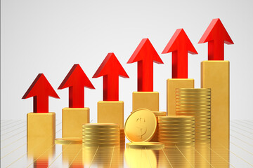 Stack of gold coins, bank card. Financial concept of the growth of anything. Arrow indicating growth. 3d render.