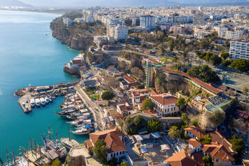 Fototapeta na wymiar Aerial view of the city and marina in Old Town (Kaleichi) on sunny winter day, Turkey.