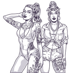 Hot urban girls sketch monochrome