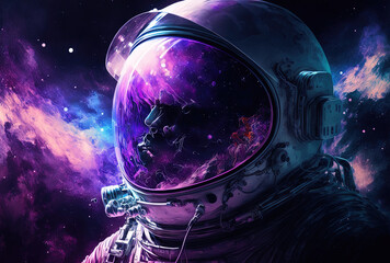 Obraz na płótnie Canvas Astronaut in space with stars, nebulas, and galaxies in space reflected in his helmet's purple, blue, and purple hues. Generative AI