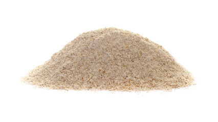 Integral rye flour pile isolated on white background. Rye flour isolated on white background. Pile of rye flour on a white background. Heap of integral spelt wheat flour isolated on white background.