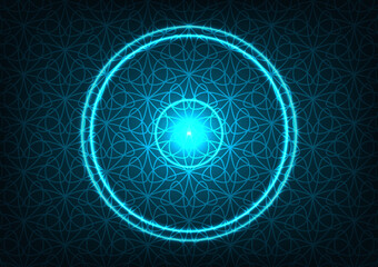 Futuristic blue pattern messy lines neon circle background 