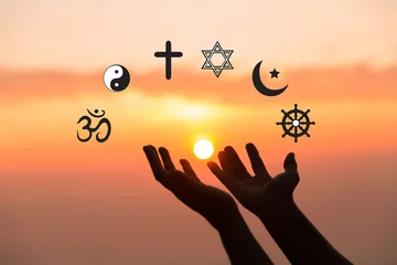 Foto op Canvas Religious symbols. Christianity cross, Islam crescent, Buddhism dharma wheel, Hinduism aum, Judaism David star, Taoism yin yang, world religion concept. Prophets of all religions bring peace to world. © doidam10